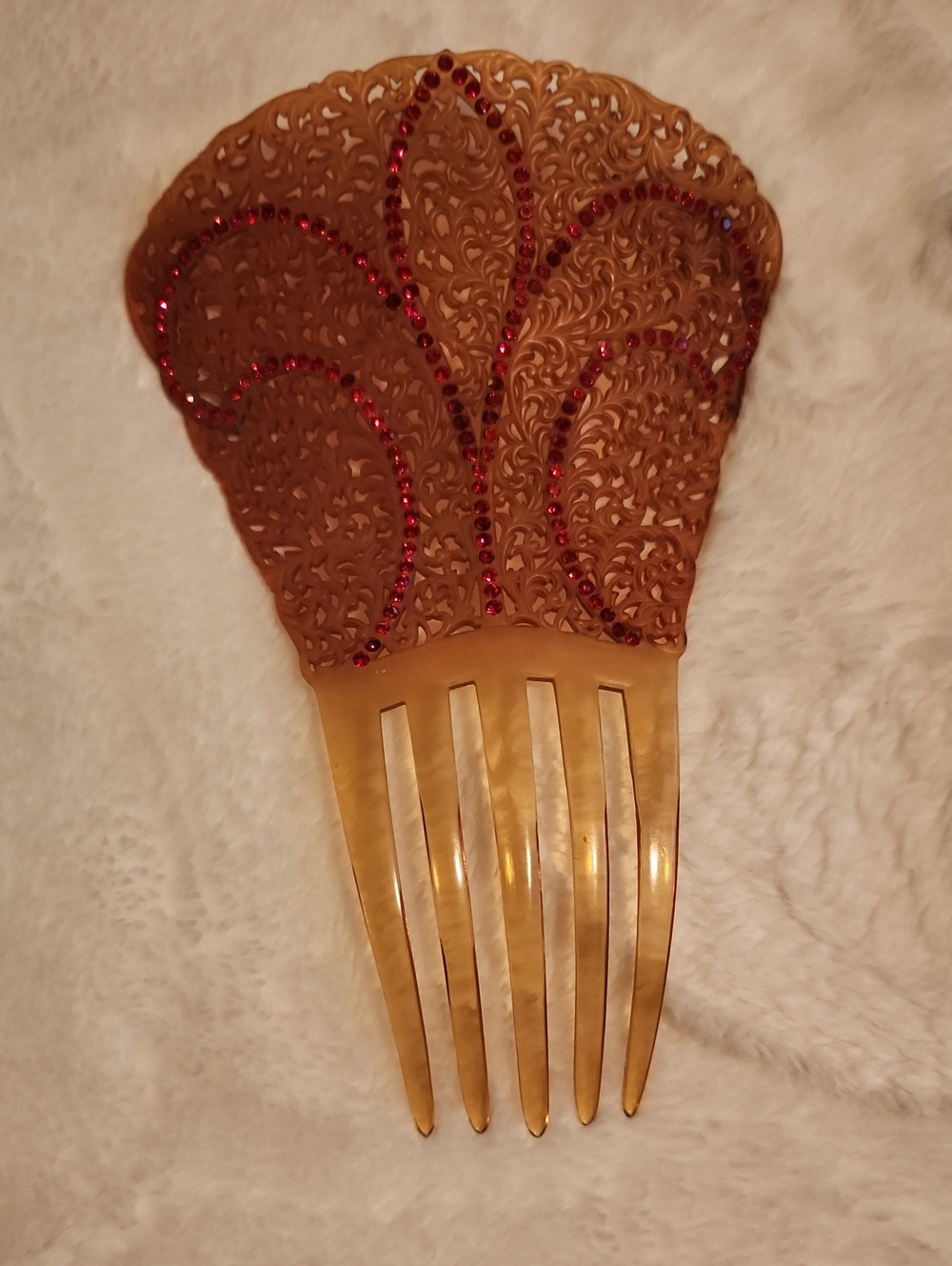 Vintage Amber Decorative Hair Comb with Red Gem Accents